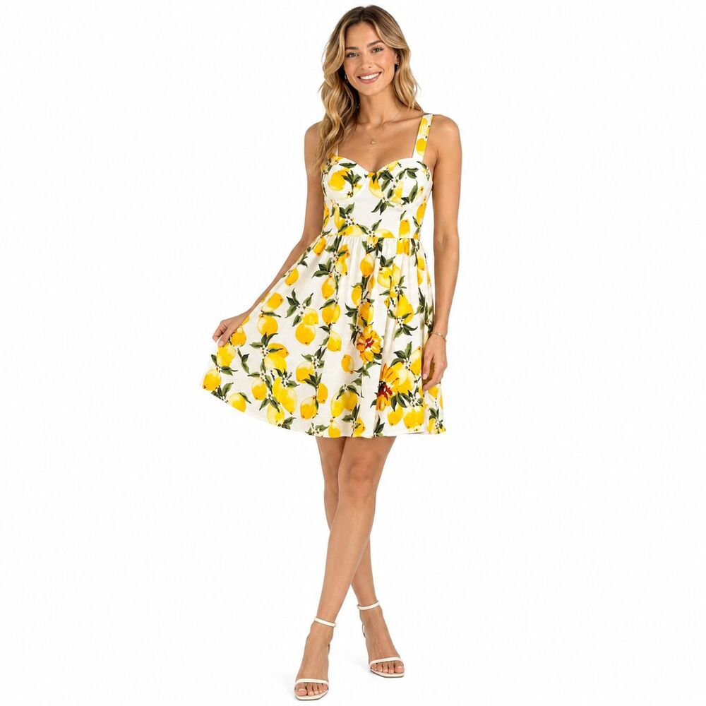 Jenn & Jo Lemon Print Sundress Womens S Sweetheart Fit Flare Cotton Summer Dress